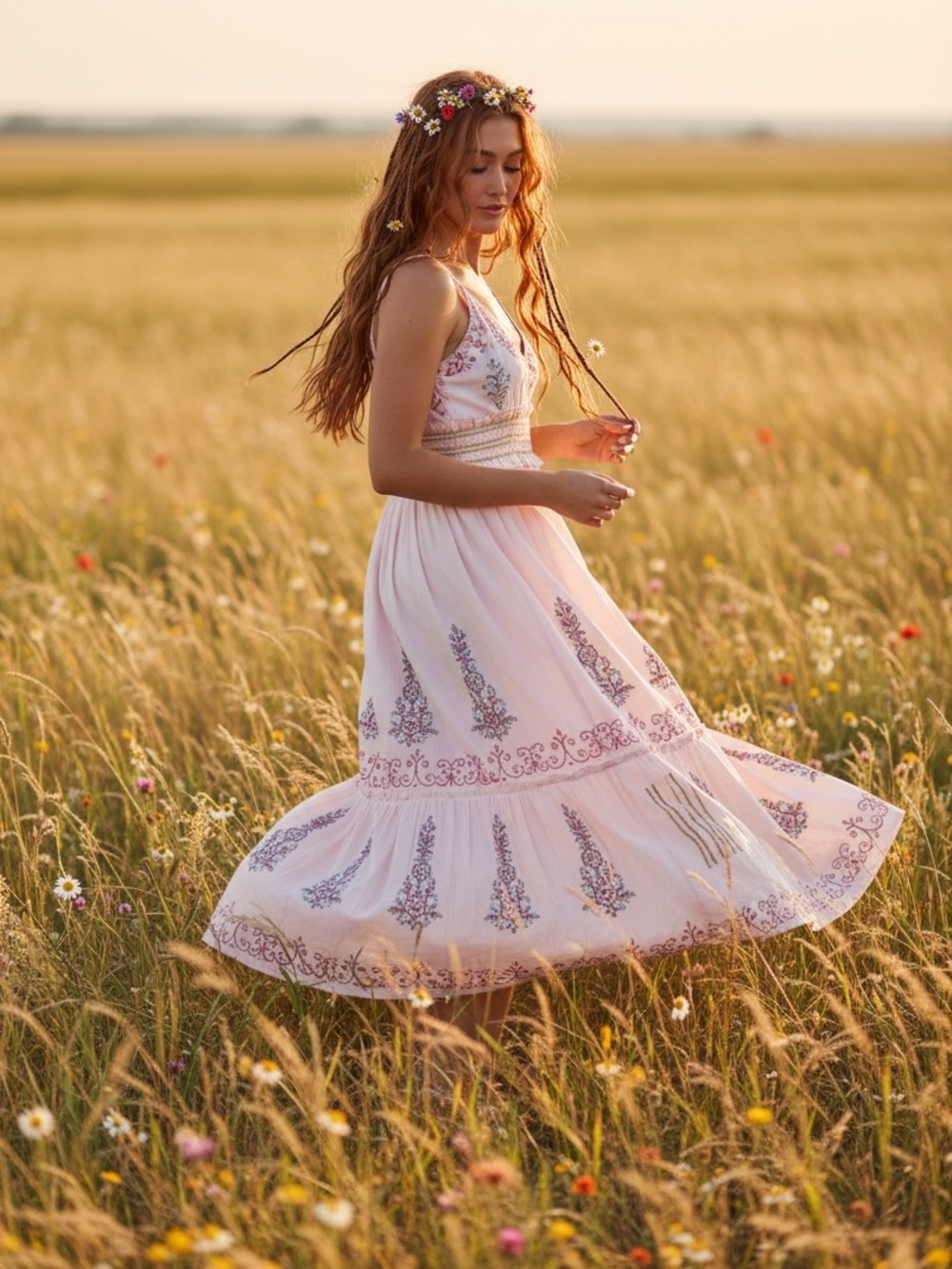 POL Cotton Sundress | Ethnic Print Pearl Pink Embroidered Maxi Dress